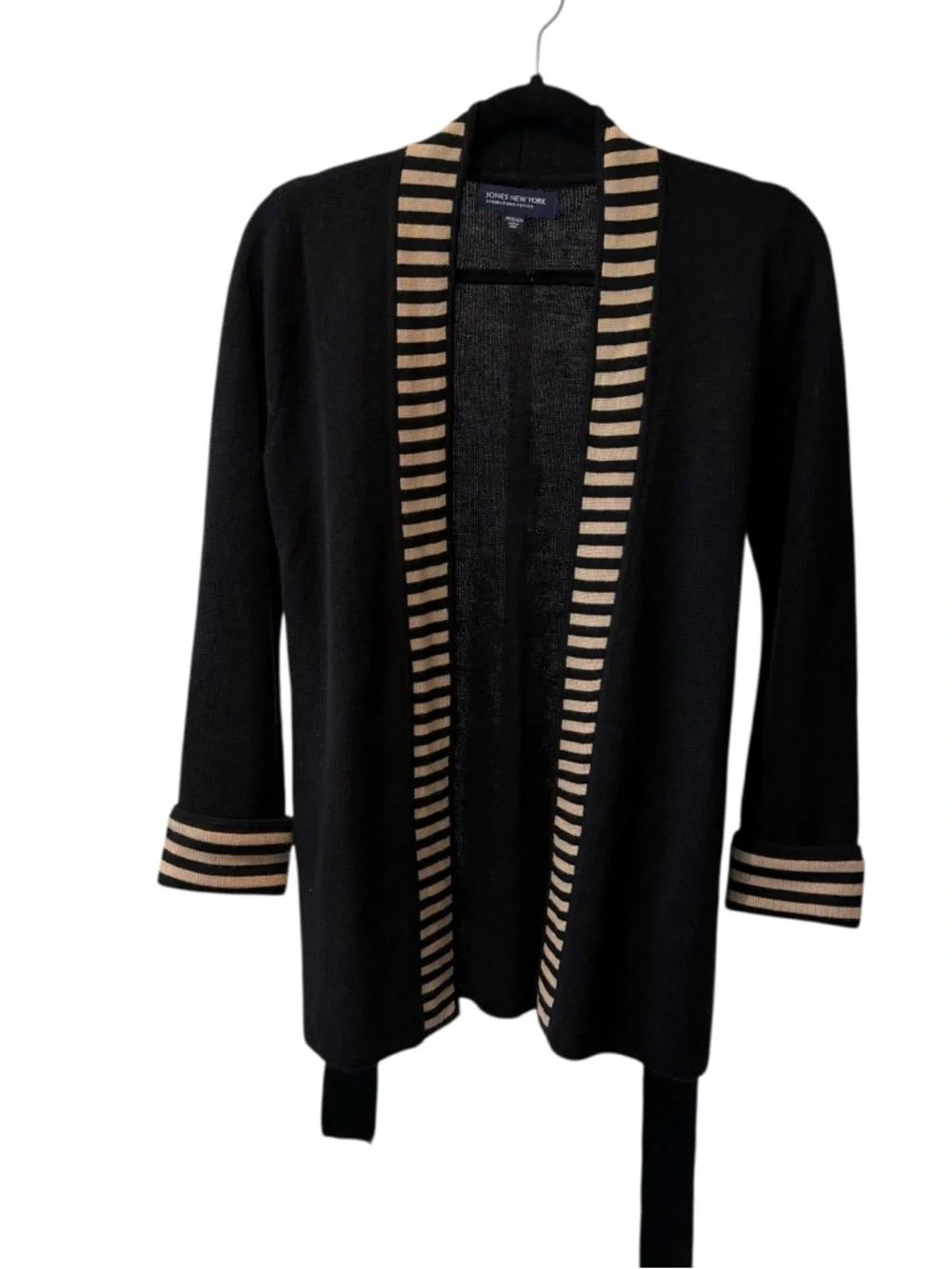 Jones New York Two-Tone Cardigan Sweater Black Nude Knit Belted Open-Front